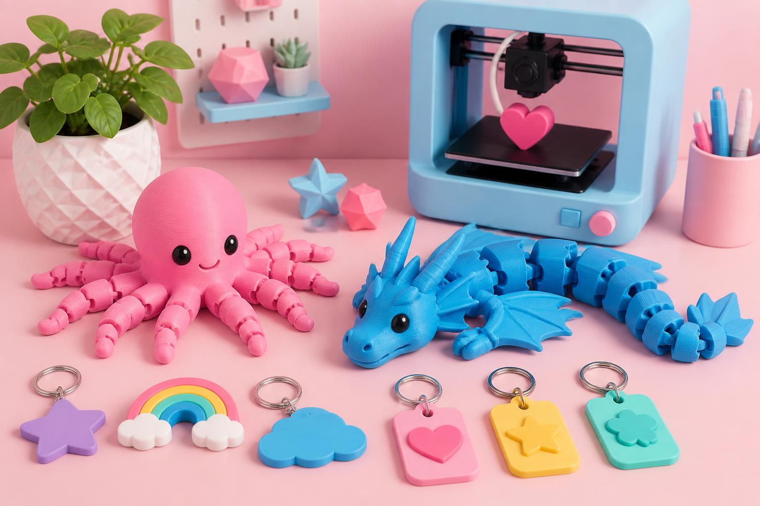 3D-printede leker: rosa blekksprut, blå drage, nøkkelringer og en liten 3D-printer